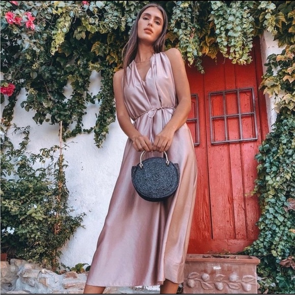 Zara taupe satin midi sleeveless dress v-neck razorback size medium - Picture 2 of 10